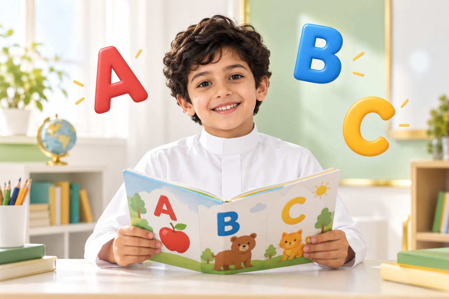 طالب صغير مبتسم يحمل كتابًا وحوله حروف إنجليزية