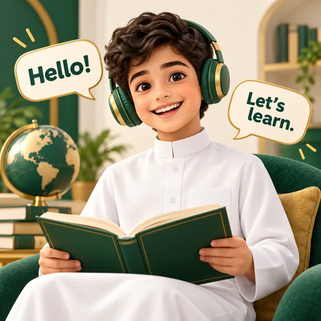 طالب مبتسم يستمع بسماعة ويتعلم الجمل الإنجليزية