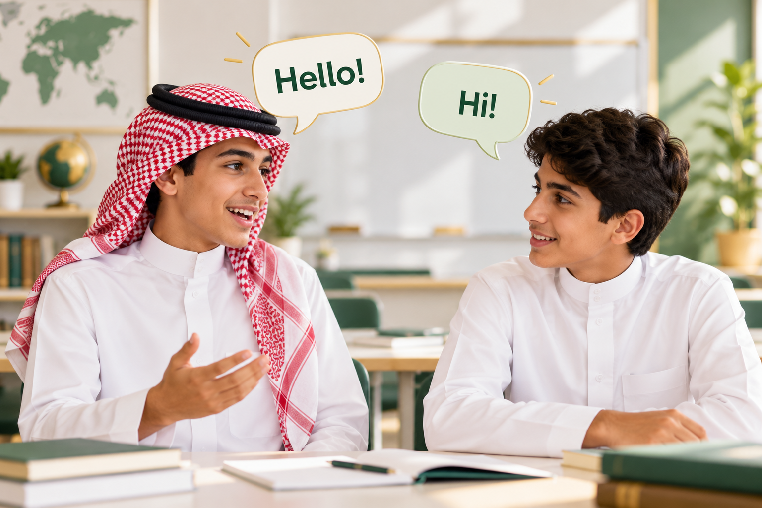 طالبان يتبادلان التحية ويتدربان على المحادثة الإنجليزية